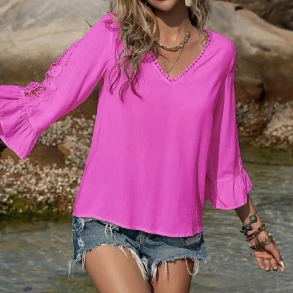 Boho hot pink Crochet floral lace Ruffle sleeve Blouse